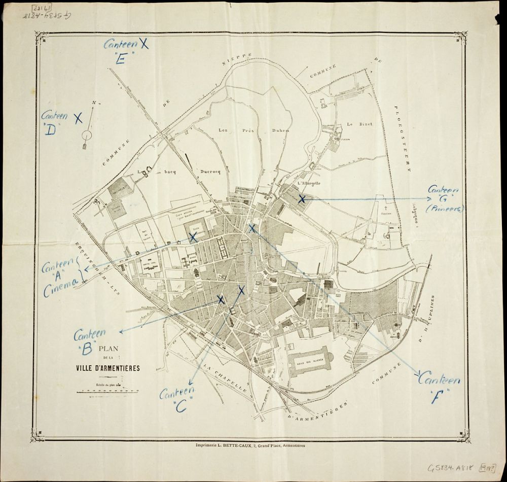 A map of the town of Armentières showing marked locations of canteens.